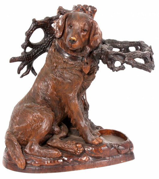 Large figural carved dog umbrella stand in excellent original finish (est. $20,000-$30,000). Image courtesy of Fontaine’s Auction Gallery.